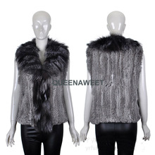 New Real Fashion Knitted Rabbit Fur Vest Gilet with Raccoon Fur Collar Women 2024 - buy cheap