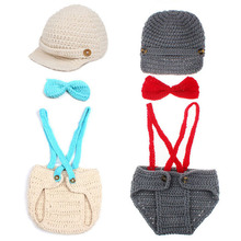 Gentleman Design Photography Props Newborn Baby Costume Outfit Infant Beret Suspender Diaper Set Handmade Knit Beanie Cap H194 2024 - buy cheap