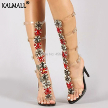 KALMALL-Botas bohemias transparentes para mujer, zapatos con hebilla y tiras, Sandalias de tacón alto de gladiador con tachuelas y cristales de piedras preciosas, sexys, de verano 2024 - compra barato