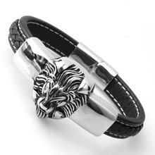 Rock Roll Silver Color Lion Head Genuine Leather Men's Bracelet Wristband Stainless Steel Bangles Accessory Punk Jewelry 8.26" 2024 - buy cheap