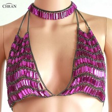 Chran Crystal Gem Bead Crop Top Chainmail Bra Halter Choker Necklace Burning Man Body Lingerie Festival Outfit Jewelry CRS508 2024 - buy cheap