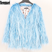 Nerazzurri Winter Long-Haired Shaggy Thick Warm Faux Fur Coat V Neck Y2K Blue Short Fluffy Jackets for Women 2022 Korean Fashion 2024 - buy cheap