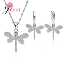 New Crystal 925 Silver Jewelry Sets Romantic Cut Dragonfly Pendant Necklace Earrings Set For Women Young Girls Bridal Gift 2024 - buy cheap