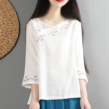 Estilo chino retro bordado de algodón y lino tops camisa mujeres de manga de tres cuartos blusa suelta 2024 - compra barato