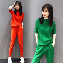 Women's suit 2019 spring new black solid color small green fashion knit suit casual elegant two-piece 2024 - buy cheap