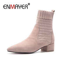 ENMAYER Women Ankle Boots Size 34-39 Causal Med Heels Thick Heels Fashion Boots Pointed Toe Shoes woman Slip on Kid Suede CR1243 2024 - buy cheap