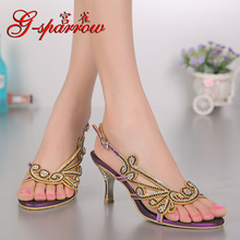 2019 New Summer Diamond Flower 7.5cm Sandals Stiletto High Heels For Sale Gold Black Purple Women Shoes Size 11 2024 - buy cheap