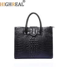 HIGHREAL-Bolso de mano de piel auténtica para mujer, cartera con patrón de cocodrilo, a la moda, paquete de noche, maletín femenino 2024 - compra barato