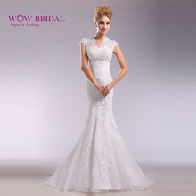 Wowbridal Graceful Lace Wedding Dress 2021 V Neck Lace Button Back Tulle Chapel Train Mermaid Gown 2024 - buy cheap