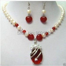 Free Shipping>>>>Charming pearl Red stone necklace earring Set 2024 - buy cheap