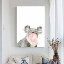Pôster de tela para crianças, animais fofos, poster nórdico de desenho animado, com balão de bolhas rosa, arte para o quarto das meninas, presente 2024 - compre barato