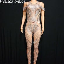 Women Sexy Mesh Silver Sparkly Rhinestones Jumpsuit Singer Dance Outfit See Through Nightclub Wear Birthday Celebrate Jumpsuit 2024 - buy cheap