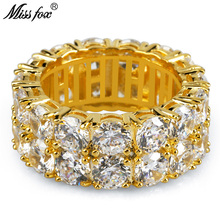 MISSFOX Mens Hip Hop Anéis Clássico 2 Linha Grande Diamante Prong definir Anel de Zircão de Alta Qualidade Tipo H 18k marca de Luxo Jóias de ouro 2024 - compre barato