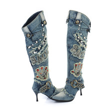 2022 New Female Denim Boots High Heel Knee High Boots Rivets Beading Winter Warm Jean Botas Mujer Rubber Boots Women 2024 - buy cheap