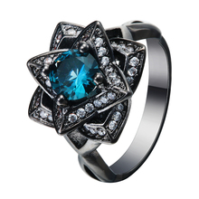 Luxury the created love flower Blue CZ zircon Wedding Ring Black gold-color Crystal 2017 new Vintage engagement jewelry 2024 - buy cheap