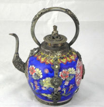 Tetera de dragón con incrustaciones de porcelana azul, herramientas de decoración de boda de latón, plateado tibetano, Superb 2024 - compra barato