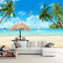 Пользовательские фото наклейки на стене обои голубое небо пляж кокосовое дерево, морской пейзаж 3D гостиная диван ТВ фон Papier Peint росписи 3D 2024 - купить недорого