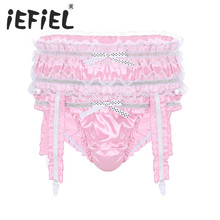 Sexy Mens Lingerie Briefs Soft Shiny Satin Ruffled Frilly Low Rise Stretchy Sissy Bikini Underwear Triangle Panties with Garters 2024 - buy cheap