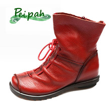 Peipad bota feminina de couro legítimo, feita à mão, estilo vintage, calçado de cano curto para mulheres, inverno e outono 2024 - compre barato
