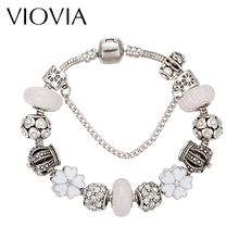 VIOVIA Luxury Jewelry European Crown Charm Bracelets White Flowers DIY Beads Fit Orginal Women Bracelets Bangles Pulsera B16146 2024 - buy cheap