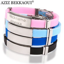 Pulseira masculina aziz bekkaoui, pulseira de aço inoxidável multicolor, silicone para homens e mulheres, nome gravado, joias diy 2024 - compre barato