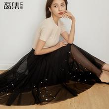 Tulle Skirts Womens High Waist Beading Tulle Skirt Elastic Pleated Mid-calf Skirt 2024 - buy cheap