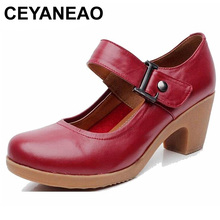 Ceyaneao-zapatos de piel auténtica para mujer, 100% de tacón con punta redonda y plataforma, talla E1478 2024 - compra barato