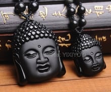 Colar de pingente lucky buda chinesa esculpida com obsidiana preta natural, joias fashion para homens e mulheres 2024 - compre barato