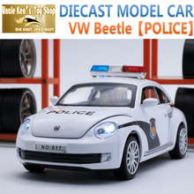 Carro diecast vw beetle, 15cm de comprimento, modelo em liga escala 1:32, brinquedo de polícia de metal para crianças, presente com função puxar para trás/luz/som 2024 - compre barato