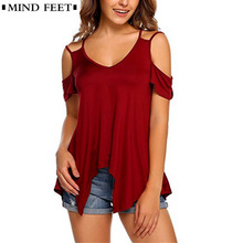 MIND FEET-camisetas de punto para mujer, Top Sexy elástico con hombros descubiertos, cuello en V, manga corta, dobladillo Irregular, Tops informales para mujer 2024 - compra barato