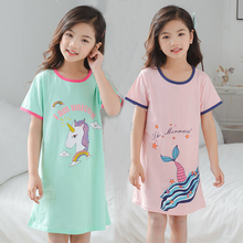 Новая летняя ночная рубашка с рисунком единорога для маленьких девочек, хлопковая детская ночная рубашка с героями мультфильмов, модная детская пижама, платье принцессы для девочек 2024 - купить недорого
