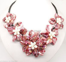 YH@CS >>Stunning Handmade Red Freshwater Pearl Sea Shell Flower Leather Necklace 18" 2024 - buy cheap