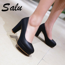 Salu New women Pumps Shoes Women PU Leather Shallow Slip-On Round Toe High heels Wedding Party derss shoes mujer plus size 34-43 2024 - buy cheap