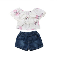 Children Kids Baby Girl Clothes Set Floral Bowknot Summer Casual Short Sleeve Tassel Tops Shorts Denim Girls Clothing 2Pcs 2024 - buy cheap