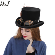 15cm(5.89inch) Black Wool Women Men Steampunk Top Hat With Handmade Glasses Gear Feather Fedora Cosplay Hat Steampunk Hat 2024 - buy cheap