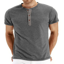 Camiseta masculina de algodão de verão gola redonda manga curta botão pulôver sólido magro moda casual 2024 - compre barato