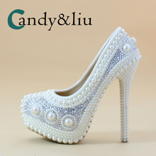 Zapatos de boda de perlas blancas para mujer, zapatos con plataforma de cristal hechos a mano de punta redonda de tacón superalto para fiesta, banquete, damas de honor 2024 - compra barato