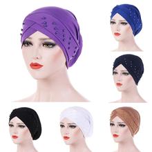 Touca feminina para outono e inverno, com elástico, chapéu turbante, cor sólida, touca de quimioterapia muçulmano, cabeça hijab 2024 - compre barato