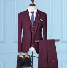 (Пиджак + жилет + брюки) 2019 высококачественный деловой мужской костюм свадебный Блейзер костюм мужской бордовый черный серый Terno Masculino Slim Fit Suit 2024 - купить недорого