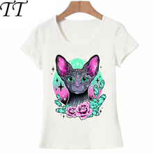 Camiseta con estampado de tatuajes de gato Sphynx de flores para mujer, camiseta informal, camisetas de moda para mujer, camisetas de manga corta de Hip Hop 2024 - compra barato