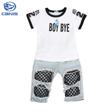2Pcs Fashion Newborn Toddler Baby Girls 0-5Y Letter Tops T-Shirt + Mesh Hole Pants Denim Jeans Outfit Set Clothes 2024 - buy cheap