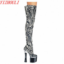 7 polegada Sapatos das Mulheres sexy zebra-stripe Slouchy Sobre o Joelho Confortável Na Moda Casual Dedo Do Pé Redondo 18 cm coxa Botas de Salto Alto 2024 - compre barato
