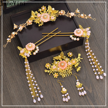 JaneVini Vintage Chinese Wedding Bridal Ancient Hairpins with Pearls Brides Pink Headdress Tiaras Women Jewelry Hair Accessories 2024 - buy cheap