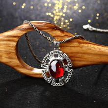high quality Natural stone 925 sterling silver necklace women jewelry geometry round Retro red Garnet Pendant with chain gift 2024 - buy cheap