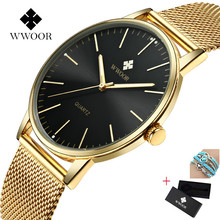 Wwoor relógio quartzo aço masculino, de pulso, luxuoso fino ultra fino quartzo em malha de aço à prova d'água 2024 - compre barato