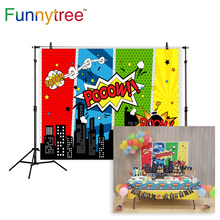 Funnytree-Fondo de cumpleaños para estudio fotográfico, utillaje de fotografía con dibujos animados de Héroes, ciudad y niños 2024 - compra barato