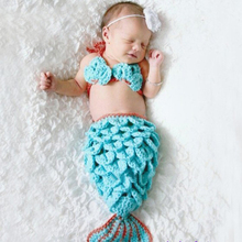 Blue Mermaid Newborn Baby Photo Photography Props Infant Handmade Outfits Crochet Knit Cocoon Set Knitted Bebe Boy Girl Costumes 2024 - buy cheap