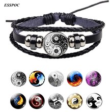 Yin yang tai chi corda preto e branco trançado tecido botão cúpula de vidro jóias pulseira de couro pulseiras para presentes femininos 2024 - compre barato