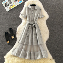 Korean Summer Spliced Plaid Preppy Style Woman Dress Pink Gray Sashes Short Sleeve Dress Girls Sweet Lolita A-line Dresses 2024 - buy cheap