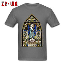 Camiseta masculina cremosos, camiseta de algodão clássica que não desbota para igrejam na janela de vidro da virgem maria 2024 - compre barato